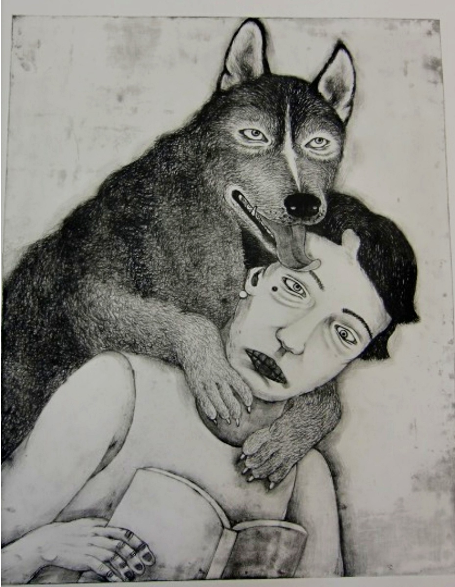 日高理恵氏による鉛筆画作品。シベリアンハスキーと女性の肖像画で、ハスキーが女性の後ろに位置し、女性は肩越しに振り返る構図。精密な鉛筆の濃淡表現で描かれたモノクロ作品