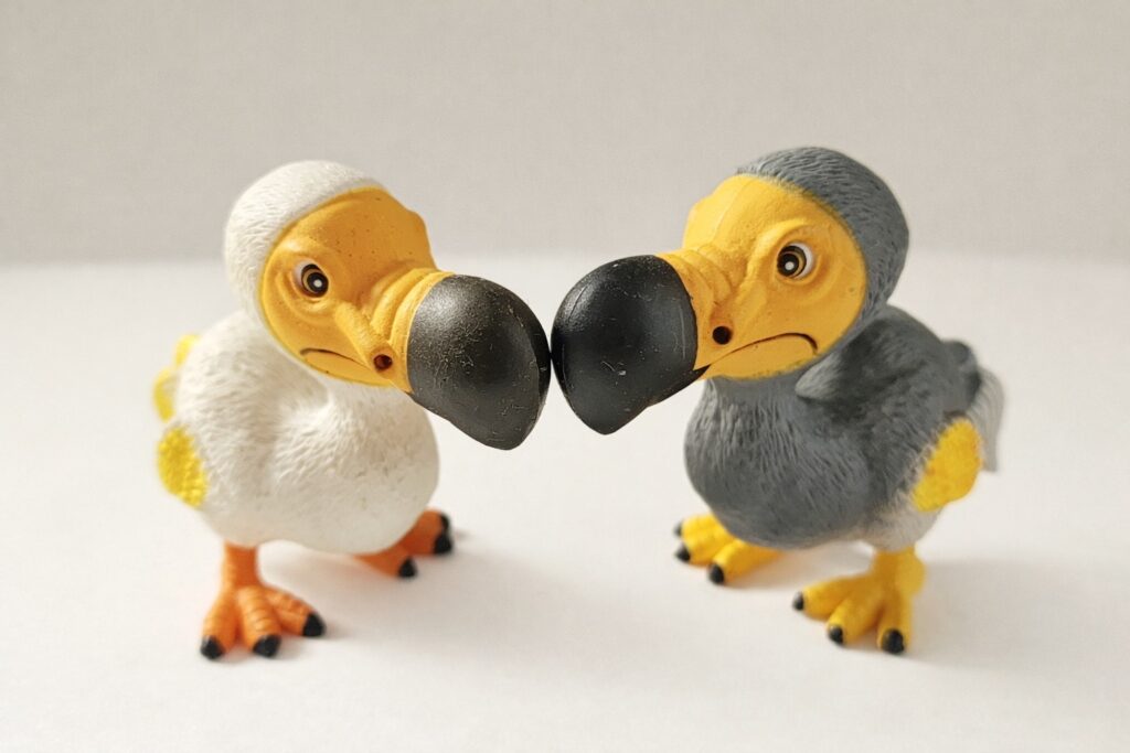 白と灰色の毛並みの可愛らしい2体のアヒルのおもちゃ。黄色い足とシンプルな背景