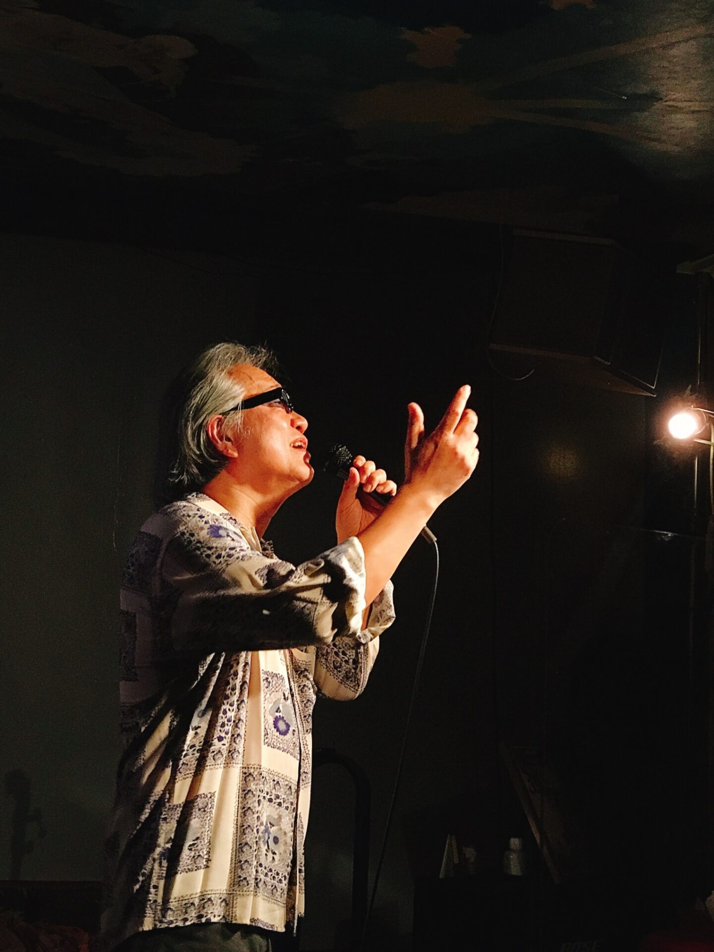 サングラスをかけた中年男性がマイクを持ち、舞台上でパフォーマンスをしている。黒いシャツに白と紫のパターン柄のベストを着用し、片手を上げながら情熱的に歌っている